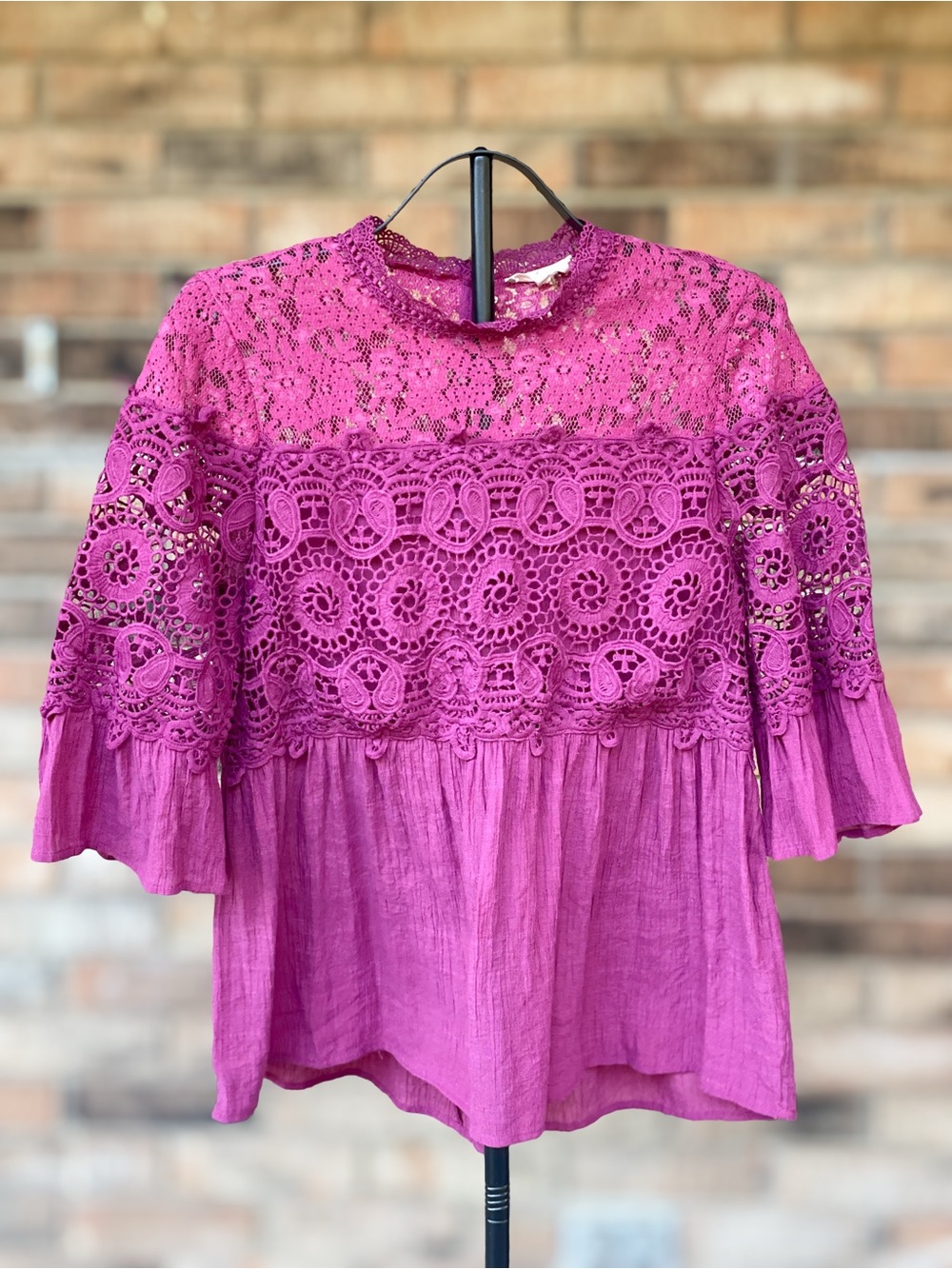 Entro Large Magenta Lace Crochet Babydoll Blouse Bell Sleeve Boho